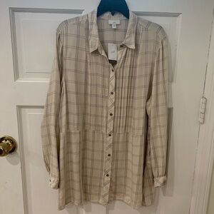 NWT J. Jill Neutral Plaid Pintuck Peplum Bottom Button Down Viscose Shirt Sz XL